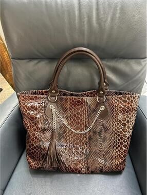 Brown Snake Print Women's Tote Bag with Chain and Tassel